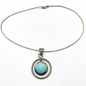 Mexico 925 Marked Pendant Teal Color Center on Silver Tone Wire Ethnic Native